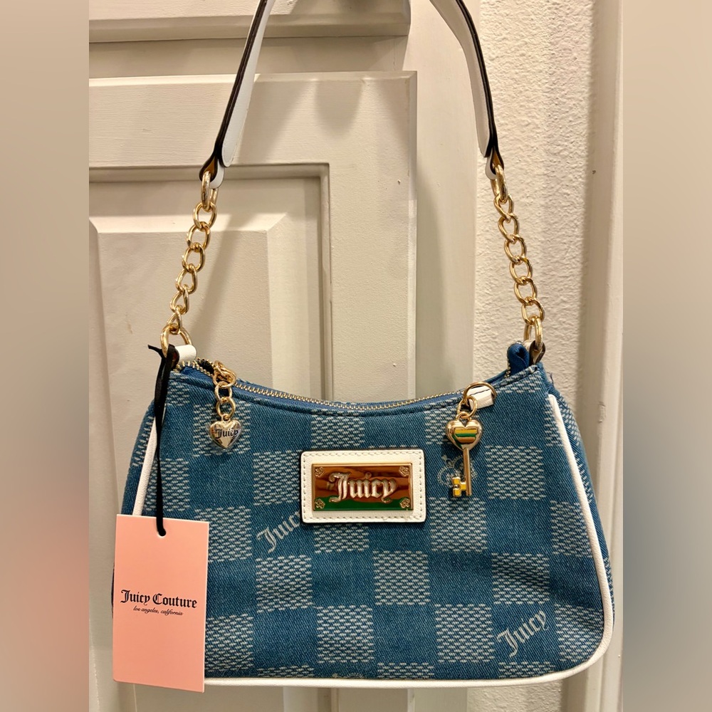 JUICY COUTURE Blue Check Hobo Bag w/Gold Heart Key Charm/Key Charm & Necklace